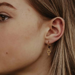 Feminist Earrings, Female Symbol Hoop Earrings, Venus Symbol Huggies, Feminist Earring Dangle, Lesbian Gold Charm Hoops, Gift For Daughter