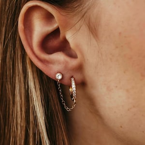 Double Piercing Earring, Diamond Stud & Gold Hoop w/ Chain, Dainty Chain CZ Double Earring, Connected Huggies and Stud, Diamond Huggie Chain