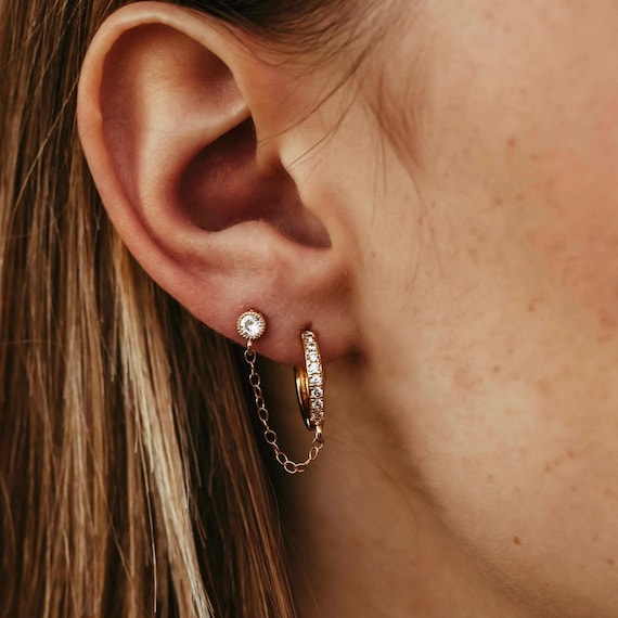 gold earrings connected earrings for double piercings
