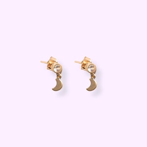 Gold Diamond Stud Earring Moon Dangles, Dainty Solitaire CZ Earrings, Celestial Earrings Gift, Star, Moon, Cross or Spike Dangle Charms