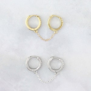 Double Piercing Earring, Double Hoop Earrings, Sterling Silver Chain Earrings, Sparkly CZ Double Hoops, Double Chain Huggie, Diamond Hoops image 5