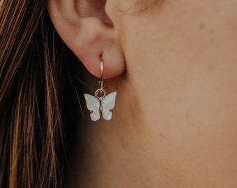 Butterfly Hoop Earrings, Gold Filled or Sterling Silver Hoops, Acrylic White Butterfly Charm Earrings, Small Butterfly Huggies in White