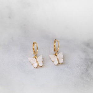 Butterfly Hoop Earrings, Gold Filled or Sterling Silver Hoops, Acrylic White Butterfly Charm Earrings, Small Butterfly Huggies in White image 9