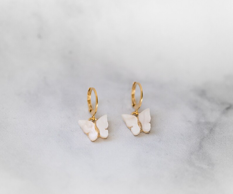 Butterfly Hoop Earrings, Gold Filled or Sterling Silver Hoops, Acrylic White Butterfly Charm Earrings, Small Butterfly Huggies in White image 9