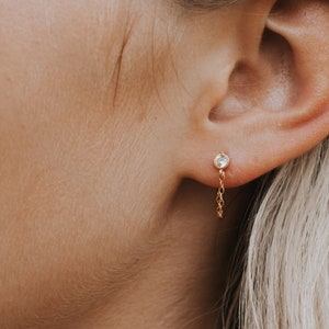 Chain Earrings, Gold Chain Loop Stud, Diamond Chain Earrings, Minimalist Earrings Gift for Her, Dainty Chain cz Gold Studs, Everyday Earring image 3