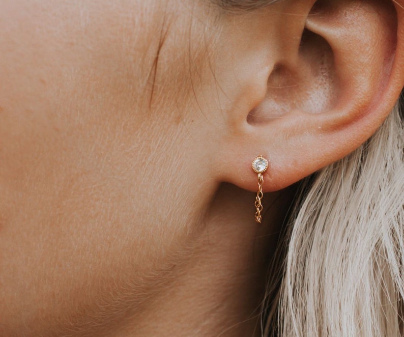 Chain Earrings, Gold Chain Loop Stud, Diamond Chain Earrings, Minimalist Earrings Gift for Her, Dainty Chain cz Gold Studs, Everyday Earring image 3
