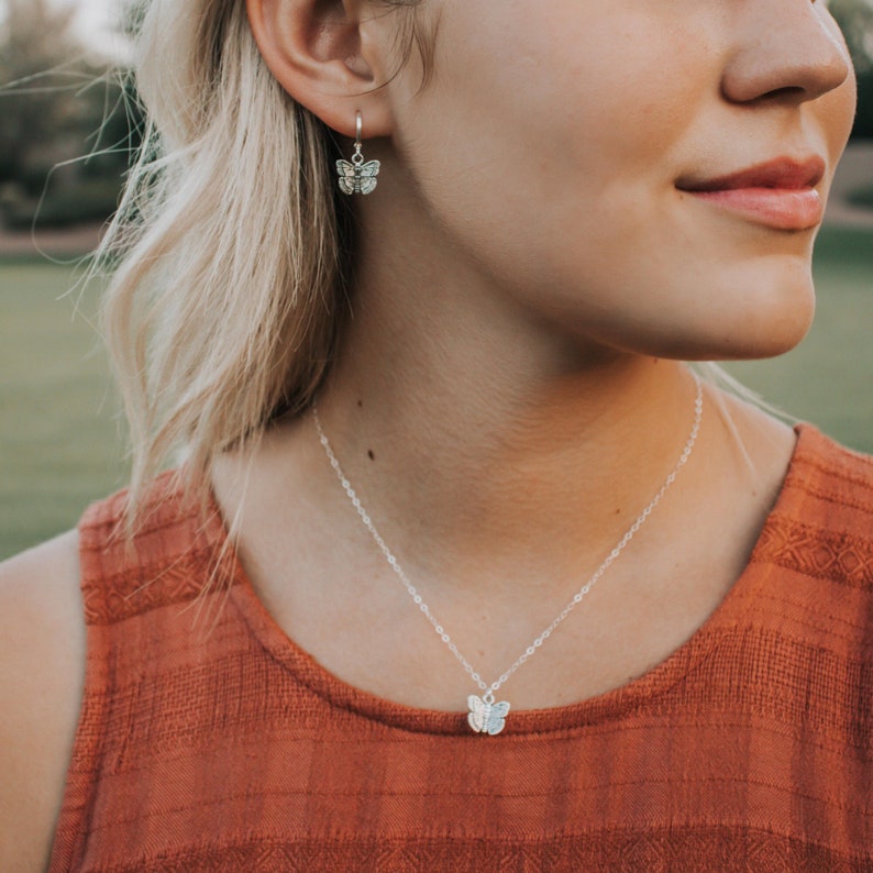 Butterfly Huggie Hoops & Necklace Set, Butterfly Necklace, Gold Butterfly Hoop Earrings, Dainty Layering Necklace for Everyday, Jewelry Set image 1