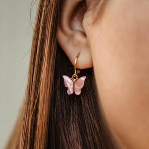 Cute Butterfly Huggie Hoops | Acrylic Charm Earrings | Gold Silver Small Dangle Hoops | Gift for Her | Small Butterfly Charm Hoop Earrings