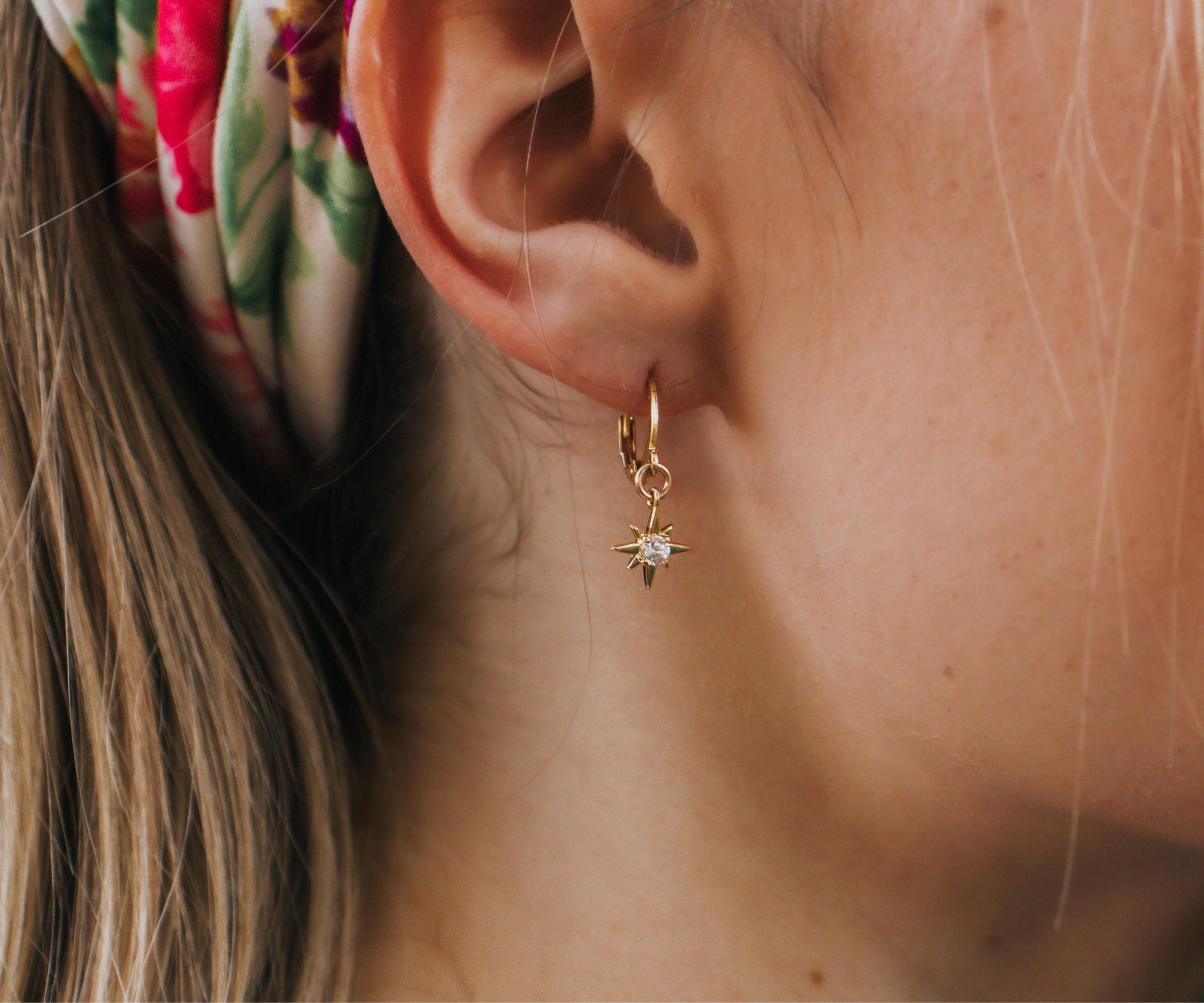 Starburst Huggie Earrings, 14k Gold Filled, Celestial Earrings, North Star Earrings, Star Hoop Earrings, Huggie Earrings with Charm