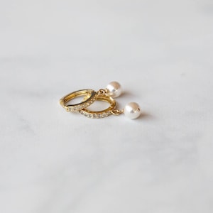 Gold Pearl Hoop Diamond Earrings, Pearl Huggie Earrings, Small Pearl Dangle Hoops, CZ Mini Hoops with Pearl Charms, Bridesmaid Gift For Her image 9