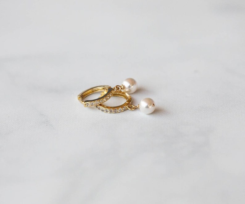 Gold Pearl Hoop Diamond Earrings, Pearl Huggie Earrings, Small Pearl Dangle Hoops, CZ Mini Hoops with Pearl Charms, Bridesmaid Gift For Her image 9