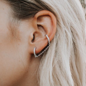 Double Piercing Earring, Double Hoop Earrings, Sterling Silver Chain Earrings, Sparkly CZ Double Hoops, Double Chain Huggie, Diamond Hoops image 8