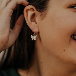 Butterfly Hoop Earrings, Gold Filled or Sterling Silver Hoops, Acrylic White Butterfly Charm Earrings, Small Butterfly Huggies in White image 4