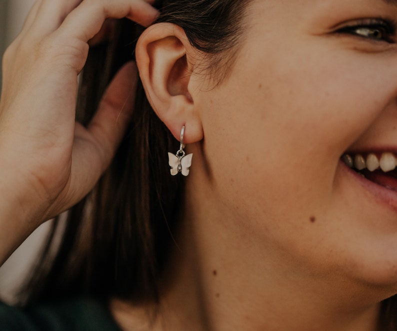 Butterfly Hoop Earrings, Gold Filled or Sterling Silver Hoops, Acrylic White Butterfly Charm Earrings, Small Butterfly Huggies in White image 4