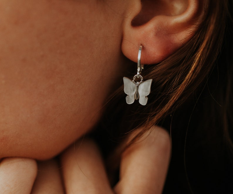 Butterfly Hoop Earrings, Gold Filled or Sterling Silver Hoops, Acrylic White Butterfly Charm Earrings, Small Butterfly Huggies in White image 7