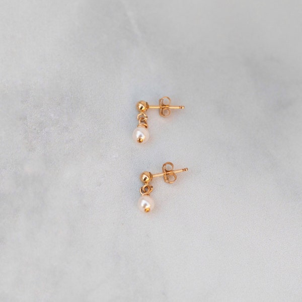 Dainty Pearl Drop Earrings, 14k Gold Filled Ball Studs with Pearl Dangles, Bridesmaid Tiny Pearl Earrings, Small Pearl Studs, Bridal Studs