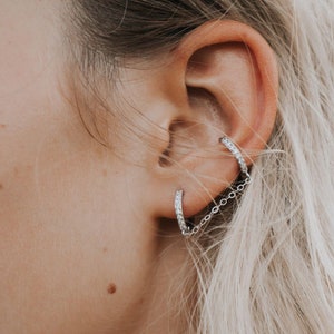 Double Piercing Earring, Double Hoop Earrings, Sterling Silver Chain Earrings, Sparkly CZ Double Hoops, Double Chain Huggie, Diamond Hoops image 9