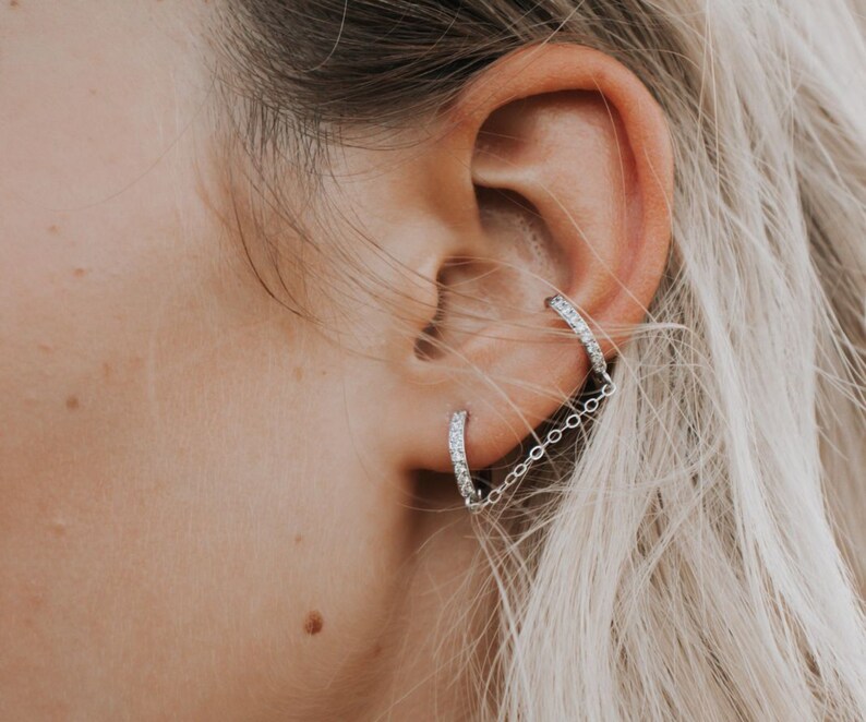 Double Piercing Earring, Double Hoop Earrings, Sterling Silver Chain Earrings, Sparkly CZ Double Hoops, Double Chain Huggie, Diamond Hoops image 9
