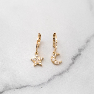 Moon and Star Earrings, Gold Filled Huggie Hoops, Celestial Earrings, Hoop Earrings Diamond CZ Charm, Pave Star Hoop Dangles, Moon Mini Hoop