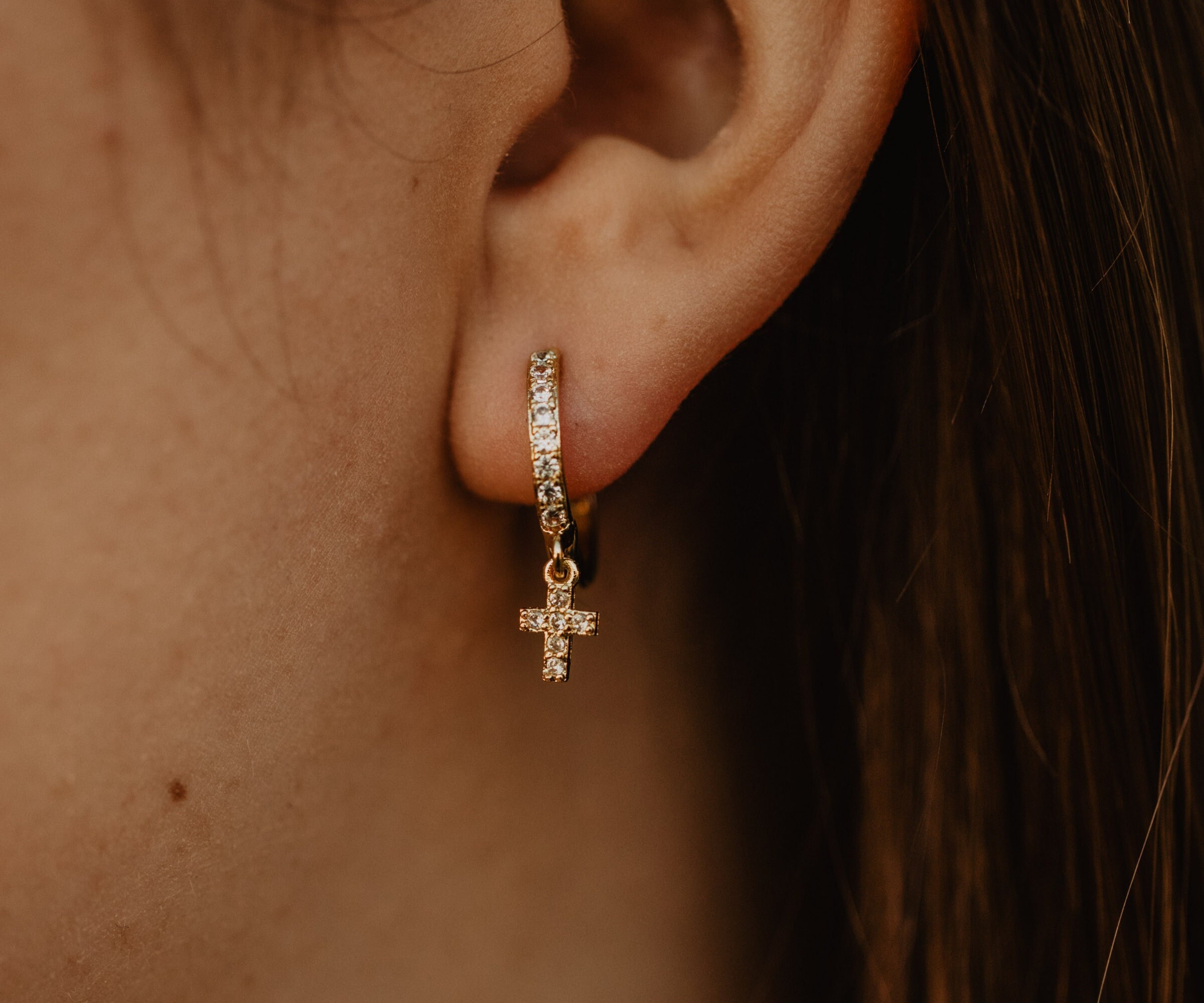 Gold Cross Hoop Earrings Small CZ Cross Charm Dangles Gold Mini CZ Hoops with Pave Cross Diamond Cross Charm Earrings Gift For Daughter