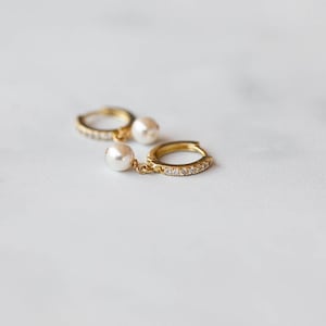 Gold Pearl Hoop Diamond Earrings, Pearl Huggie Earrings, Small Pearl Dangle Hoops, CZ Mini Hoops with Pearl Charms, Bridesmaid Gift For Her image 3