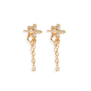 Diamond Chain Earrings, Stud Earrings with Dangling Chain, Diamond Flower Stud Chain Earrings, Dainty Earrings Gift , Chain Loop Earrings image 4