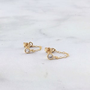 Chain Earrings, Gold Chain Loop Stud, Diamond Chain Earrings, Minimalist Earrings Gift for Her, Dainty Chain cz Gold Studs, Everyday Earring image 4