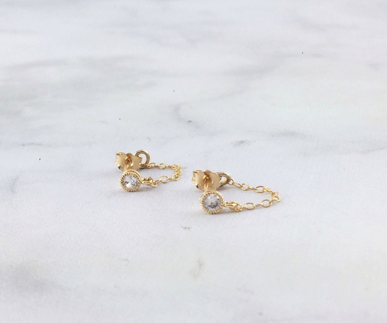 Chain Earrings, Gold Chain Loop Stud, Diamond Chain Earrings, Minimalist Earrings Gift for Her, Dainty Chain cz Gold Studs, Everyday Earring image 4