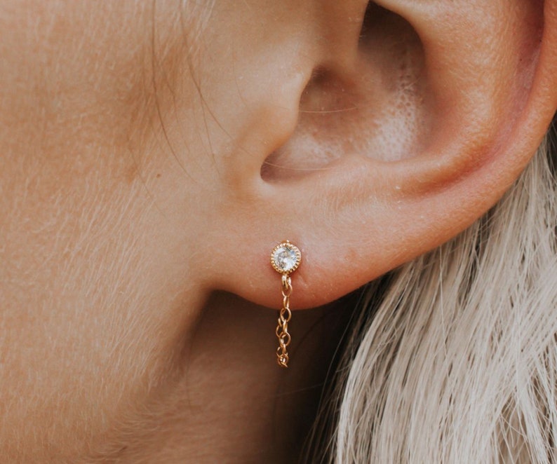 Chain Earrings, Gold Chain Loop Stud, Diamond Chain Earrings, Minimalist Earrings Gift for Her, Dainty Chain cz Gold Studs, Everyday Earring image 5