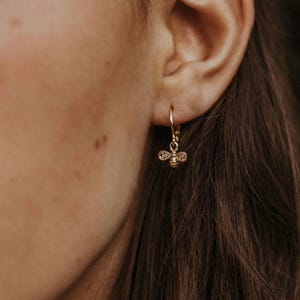 Bee Hoop Earrings, Bee Charm Earrings, Small Bee Huggies, Mini Hoop Dangle Earrings, Hoop Earrings in 14k Gold-Filled, Insect Jewelry