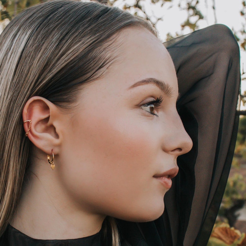 14k Gold Filled Mini Hoop Earrings, Huggie Hoops With Tiny Spike Dangles, Dainty Gold Hoops, Everyday Dangle Hoops, Minimalist Hoop Earrings image 3