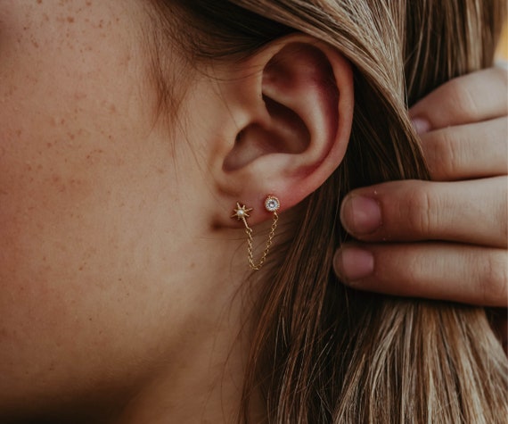 Moon and Star Double Piercing Earring Chain, Dainty Chain CZ Double Stud  Earrings, Celestial Earrings, Gold North Star Studs, Connecting - Etsy