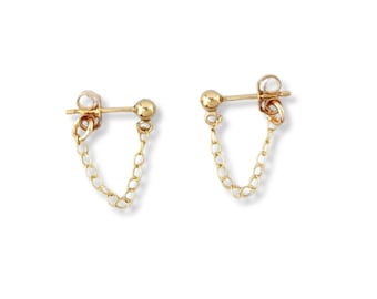 Chain Loop Earrings, 14k Gold Filled Stud Earrings with Chain, Chain Cuff Studs, Gold Chain Posts, Minimalist Earring Gift for Everyday Wear