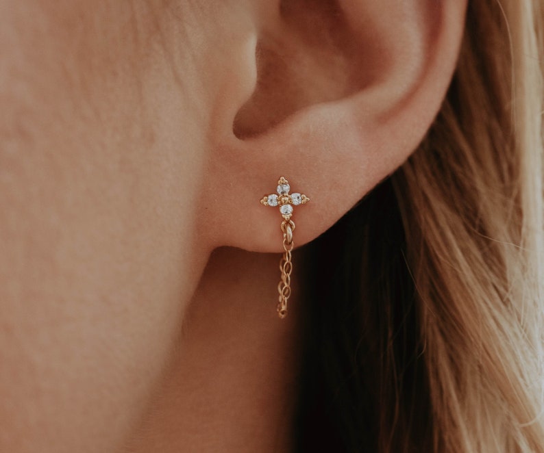 Diamond Chain Earrings, Stud Earrings with Dangling Chain, Diamond Flower Stud Chain Earrings, Dainty Earrings Gift , Chain Loop Earrings image 1