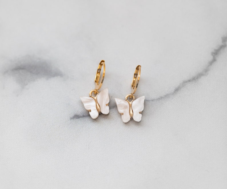Butterfly Hoop Earrings, Gold Filled or Sterling Silver Hoops, Acrylic White Butterfly Charm Earrings, Small Butterfly Huggies in White image 6