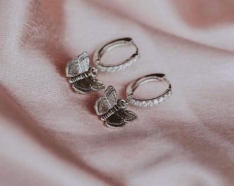 Butterfly Hoop Earrings, Small Butterfly Charm Dangle Earrings, Mini Huggie Hoop Earrings, Gold CZ Hoop Earrings, Everyday Diamond Hoops