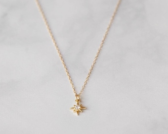 Dainty Star Charm Necklace, Celestial tiny Necklace, 14k Gold filled Diamond North Star Pendant Necklace, Gift For Best Friend, Layering