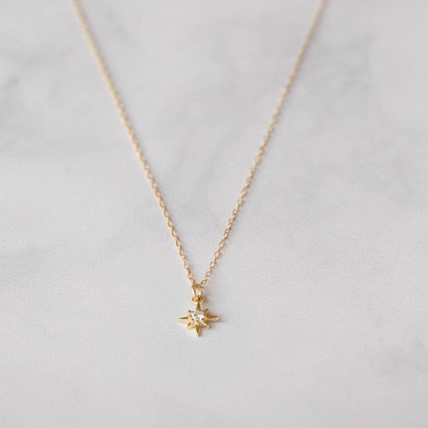 Dainty Star Charm Necklace, Celestial tiny Necklace, 14k Gold filled Diamond North Star Pendant Necklace, Gift For Best Friend, Layering