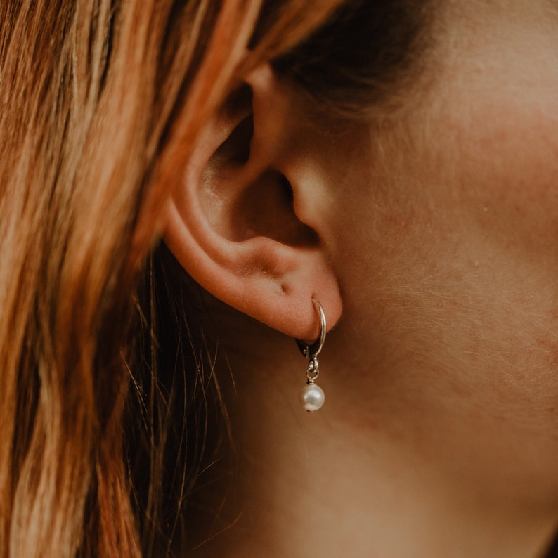 Pearl Hoop Earrings, Small Pearl Hoops, Gold Mini Hoops with Pearls, 14k Gold Filled Hoop Earrings with Dangles, Bridesmaid Earrings Gift, image 6