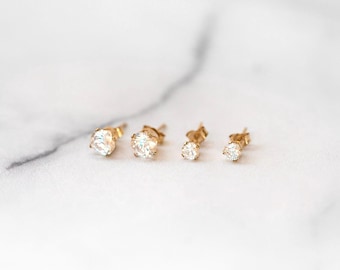Diamond CZ Stud Earrings Set, 14k Gold Filled or Sterling Silver Stud Earrings, Dainty Diamond Studs for Everyday Wear, Small & Large Set
