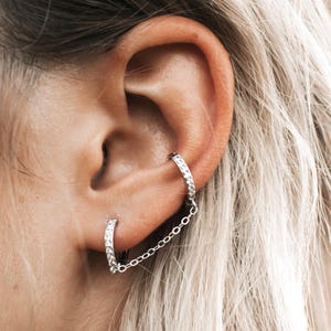 Double Piercing Earring, Double Hoop Earrings, Sterling Silver Chain Earrings, Sparkly CZ Double Hoops, Double Chain Huggie, Diamond Hoops