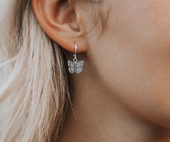 Butterfly Hoop Earrings Butterfly Charm Earrings Silver Charm