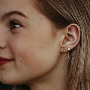 Moon and Star Double Piercing Earring with Chain, Gift for Friend, CZ Diamond Celestial North Star Connected Stud Earrings, Two Piercing Set