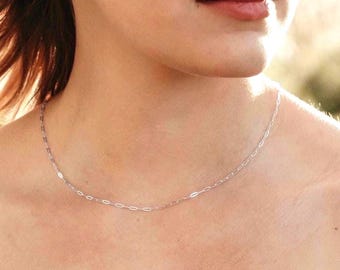 Thin Paperclip Chain Necklace | Sterling Silver Dainty Everyday Jewelry | 14 to 24 in with Extender | Simple Adjustable Layering Chain Gift