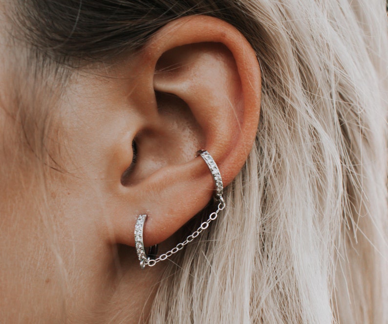 Double Piercing Earring, Double Hoop Earrings, Sterling Silver Chain Earrings, Sparkly CZ Double Hoops, Double Chain Huggie, Diamond Hoops image 1