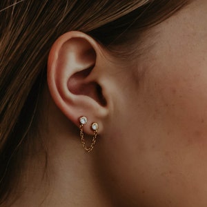 Double Piercing Earring Chain, Dainty Chain CZ Double Stud Earrings, Two Piercing Minimalist Diamond Chain Studs, Everyday CZ Earring Set