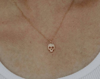 Skull Necklace Gold, Diamond Skull Pendant Necklace, Dainty Charm Necklace, Tiny CZ Skull Necklace, Gold Filled Layering Necklace, Gift