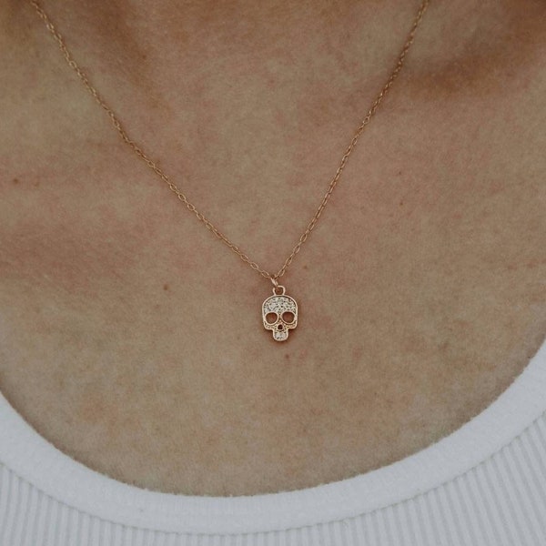 Skull Necklace Gold, Diamond Skull Pendant Necklace, Dainty Charm Necklace, Tiny CZ Skull Necklace, Gold Filled Layering Necklace, Gift