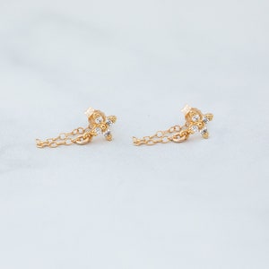 Diamond Chain Earrings, Stud Earrings with Dangling Chain, Diamond Flower Stud Chain Earrings, Dainty Earrings Gift , Chain Loop Earrings image 8