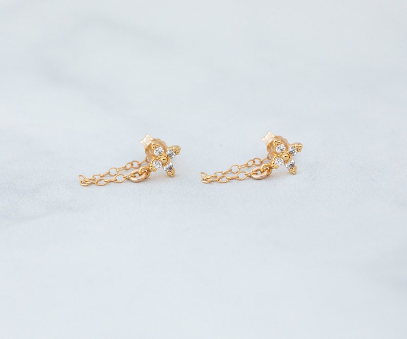 Diamond Chain Earrings, Stud Earrings with Dangling Chain, Diamond Flower Stud Chain Earrings, Dainty Earrings Gift , Chain Loop Earrings image 8